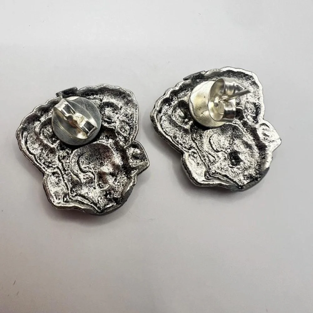 Sculptural Tribal Face Earrings Silver Pierced‎ Posts Statement Bold Ethnic Vibe